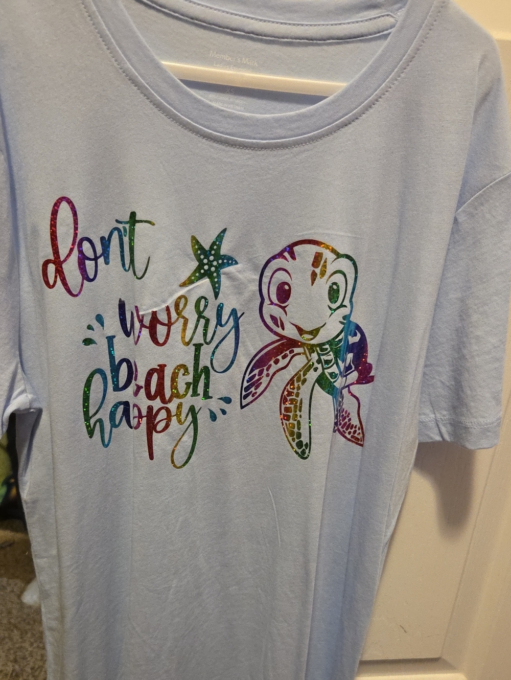 Light Blue Short Sleeve Tee with Rainbow Sea Turtle Graphic - Women's